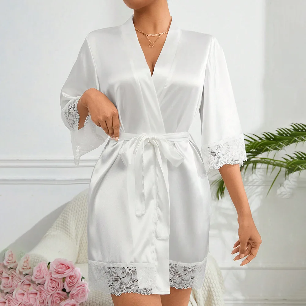 Ladies' Short-Sleeve Satin Lace Trim Kimono