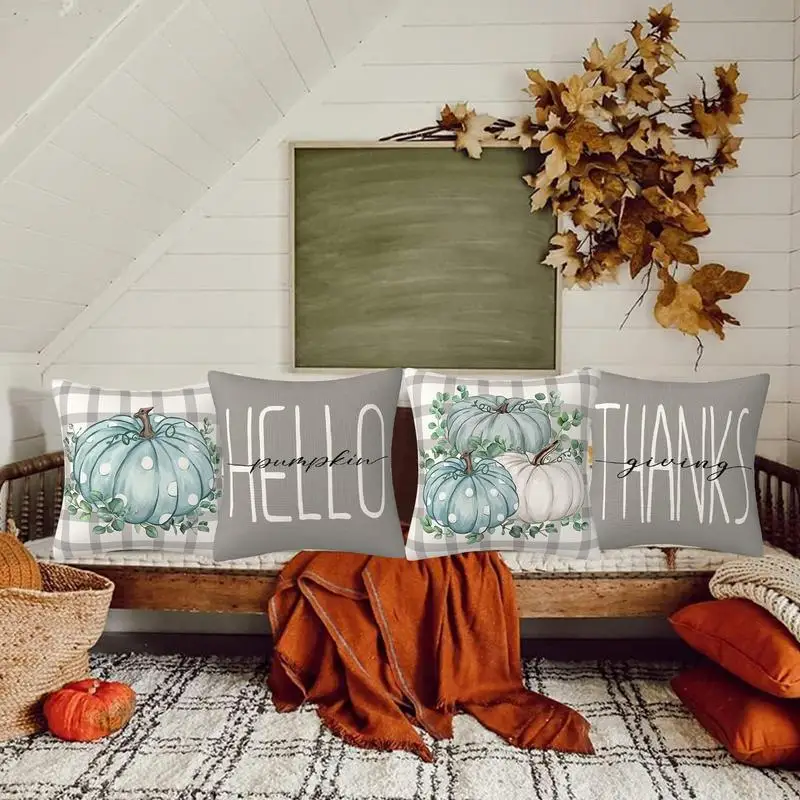 Thanksgiving Pillow Cases Set Of 4 Pumpkins Thankful Fall Decor Pillow Cases 18x18inch Thanksgiving Couch Linen Decorations For