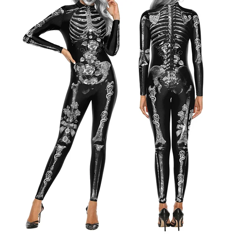 Szkielet Cos duch przebranie na karnawał kombinezon na Halloween karnawał Zentai elastan Catsuit body z długim rękawem fantazyjny kombinezon unisex