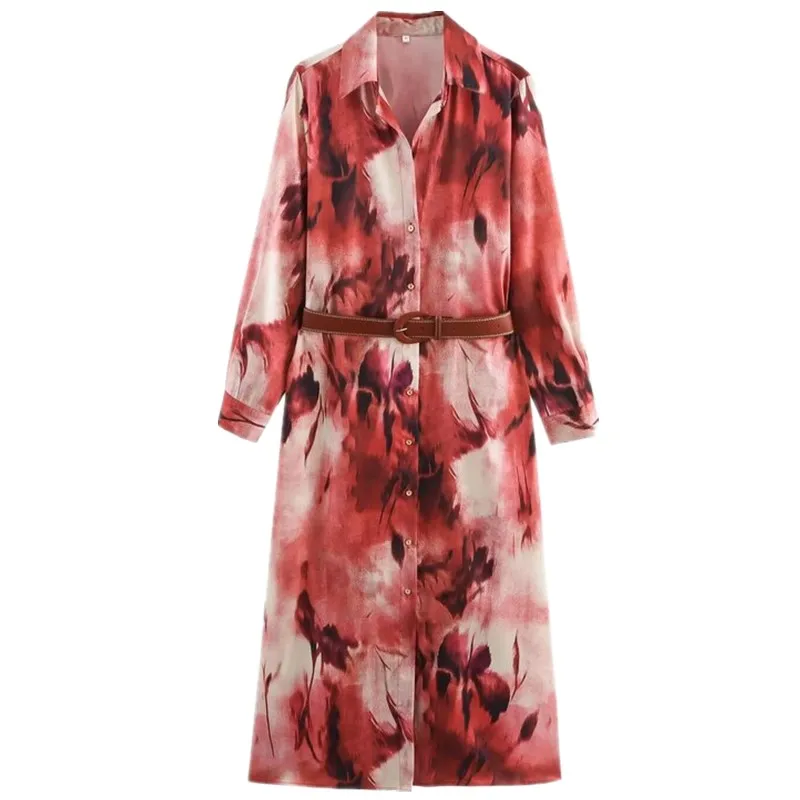 2025년 봄 여성 패션 벨트와 함께하는 다용도 미디 실크 새틴 드레스, 출퇴근 스타일 긴 소매