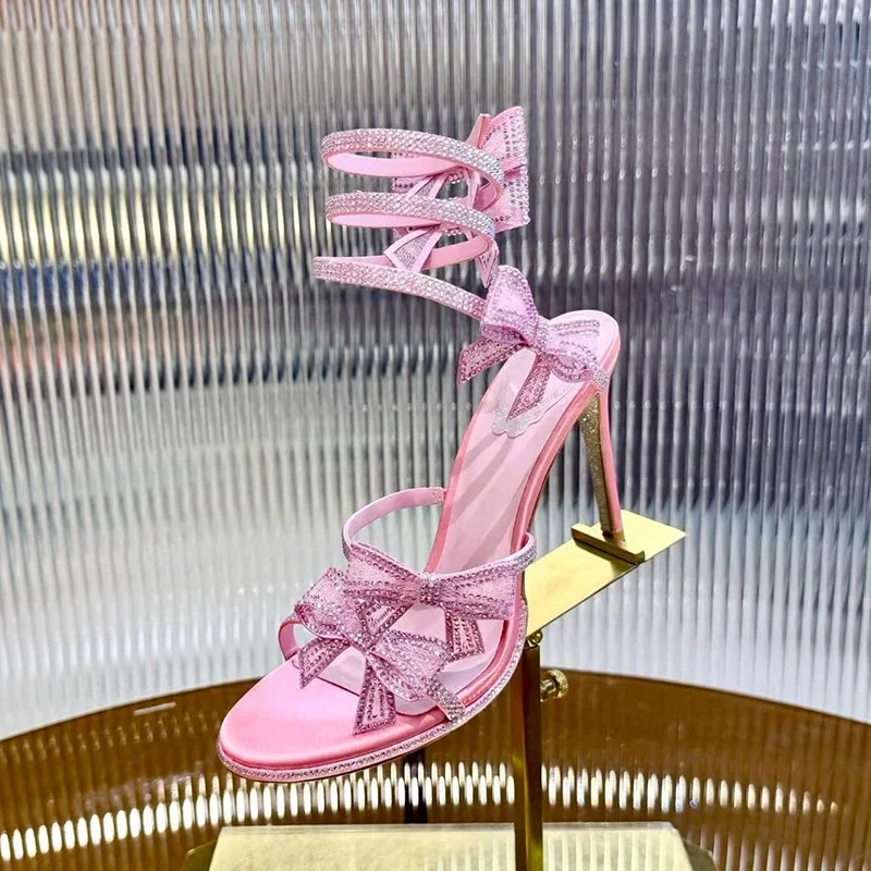 Sandals Bling Rhinestone Bow Thin High-Heels Summer Women's Snake Shaped Winding Gladiator Sandalias Sexy Banquet Dress Shoes