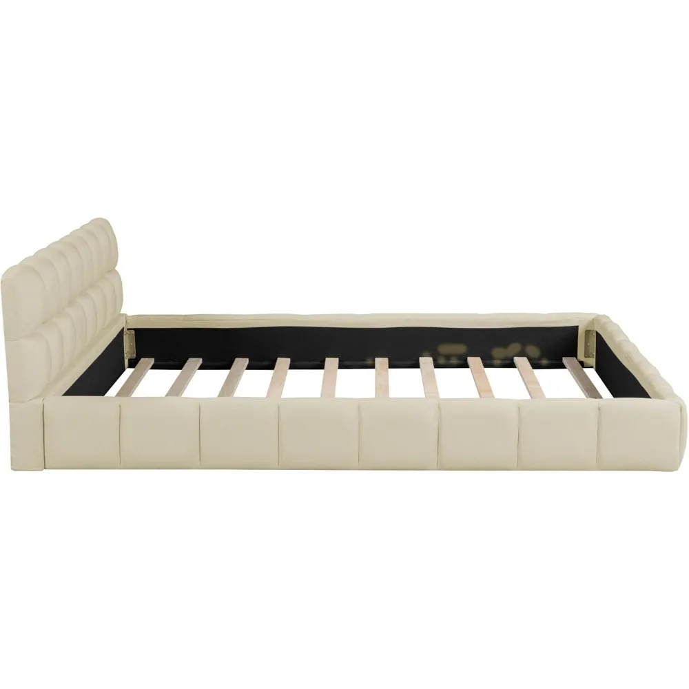 Modern Queen Upholstered Bed Frame with Wingback, Linen Low Plattform Bed, No Box Spring Needed Beige