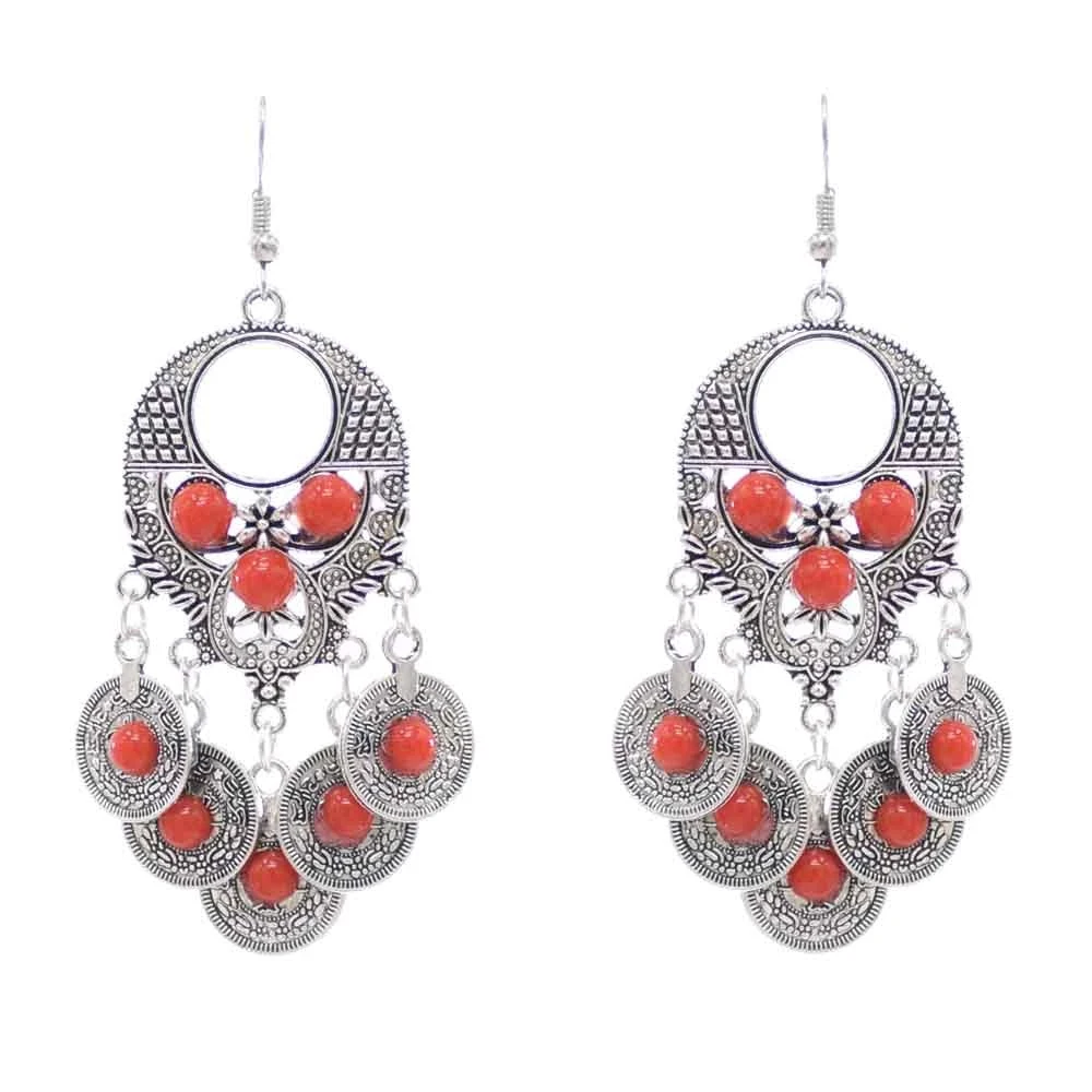 Bohemian Gypsy Vintage Coin Red Bride Wedding Drop Earrings Choker Necklace Set For Women Afghan Turkish Indian Jewelry Sets
