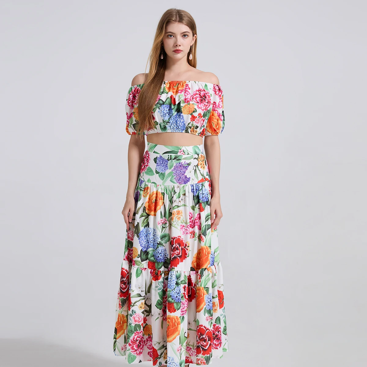 

Summer Women Print Holiday Beach Two Piece Set Slash Neck Short Top And Long Maxi Skirt Suit