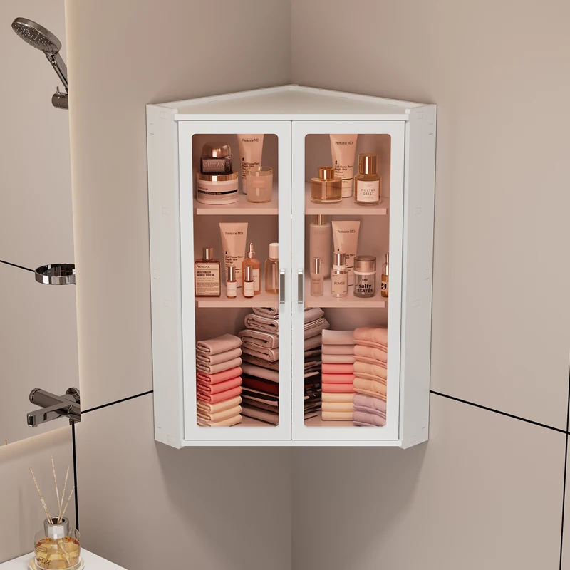 خزانة حائط للحمام منظم تخزين متعدد الطبقات مثبت على الزاوية لمستحضرات التجميل/مستحضرات التجميل رف مثبت على الحائط موفر للمساحة