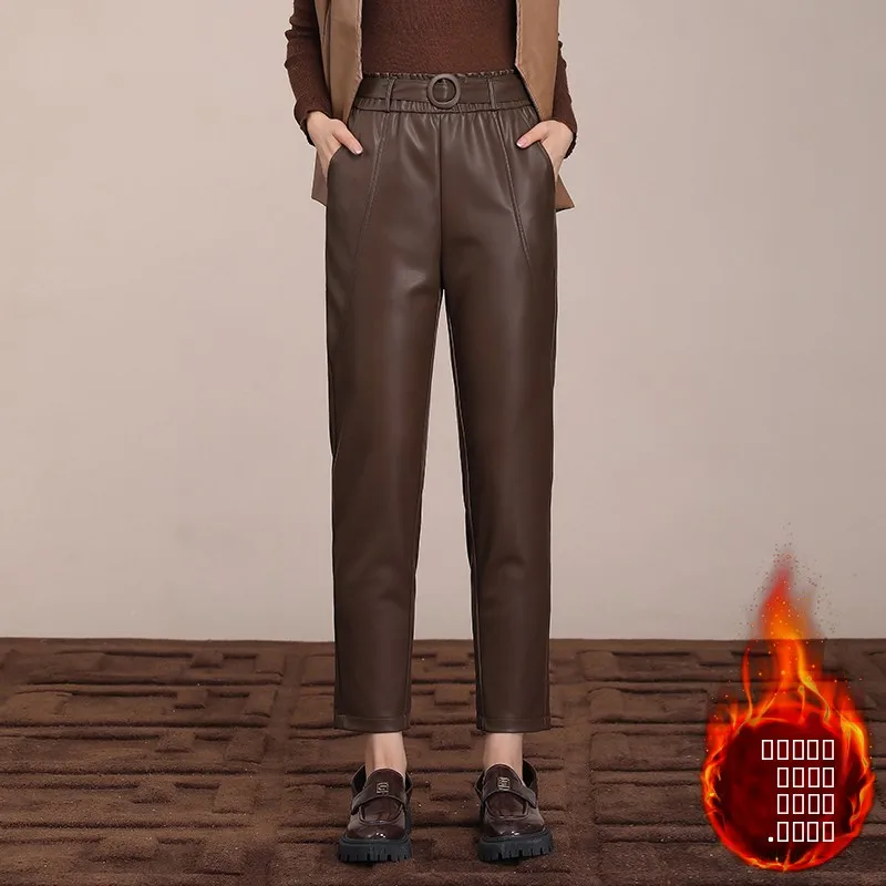 

Casual PU Leather Harlan Pants Women's Autumn Winter Thiened Straight Leggings High Waist Nine Points Small Size Trousers