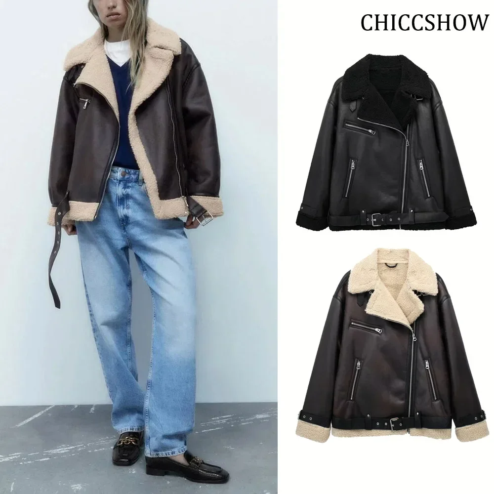 Woman\'s Thick Warm Double Faced Faux Shearling Jacket Fall Winter New Lapel Long Sleeve Belted Hem Zip Closure Female Outerwear