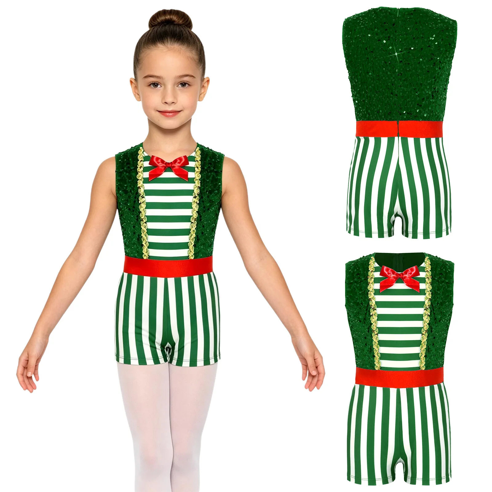 Kinder Mädchen Weihnachten Ballett Tanz Gymnastik Eiskunstlauf Trikot Weihnachten Zuckers tange Bodysuit ärmellose Streifen Pailletten Overall – Detail 11