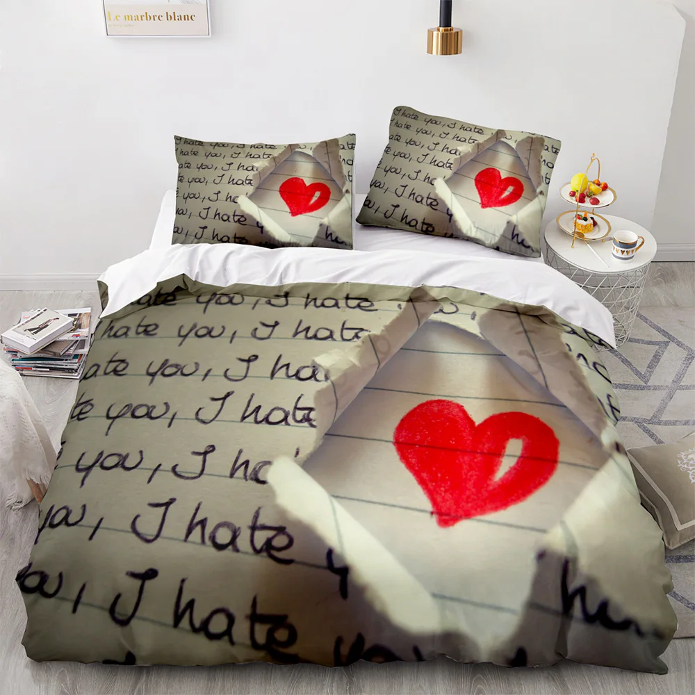 Love Duvet Cover Queen Heart Shaped Bedding Sets White Romance Polyester Comforter Cover For Women Men Boys Girls Teen King Size