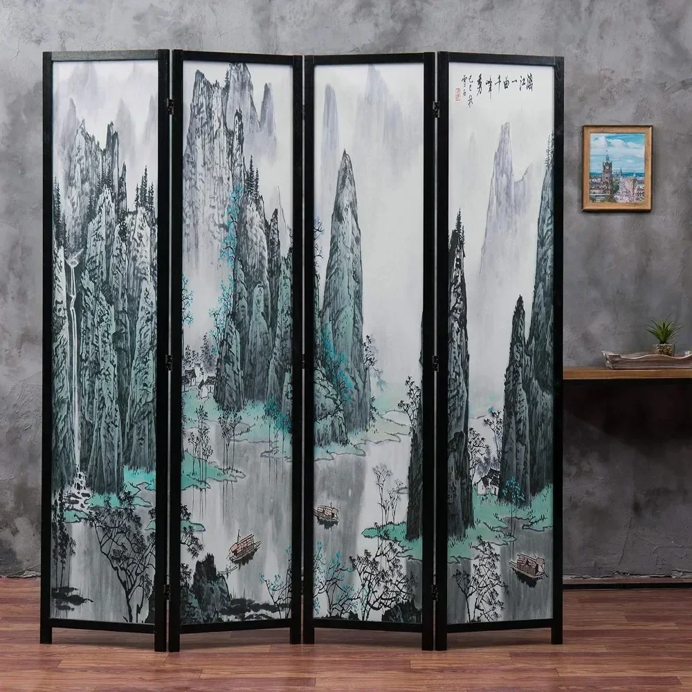 Folding Screen Separator 4 Panel Folding Room Partition Asian Watercolor Oriental Landscape and Chinese Calligraphy Design Home