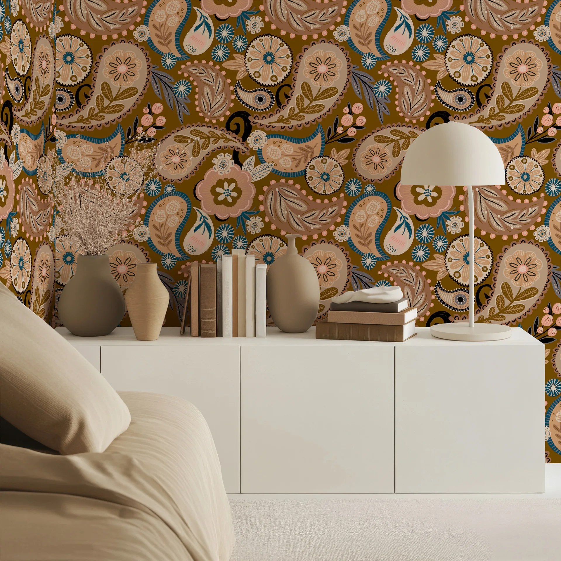Vintage Paisley Floral Wallpaper Boho Peel and Stick Removable Contact Paper Self Adhesive Wall Paper for Bedroom Cabinet