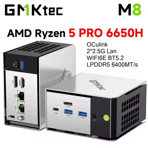 GMKtec M8 Mini PC AMD Ryzen5 PRO 6650H WiFi6E BT5.2 LPDDR5 6400MT/s 16GB 512GB/1TB SSD PCIe3.0 Win11 Pro Dual 2.5G LAN Gaming PC