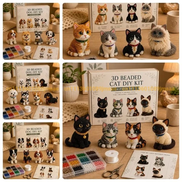 Adorable kit DIY 3D de figurines animales perlées, ensemble de loisirs créatifs pour chiens et chats avec perles, outils et guide, projet créatif pour les amoureux des animaux