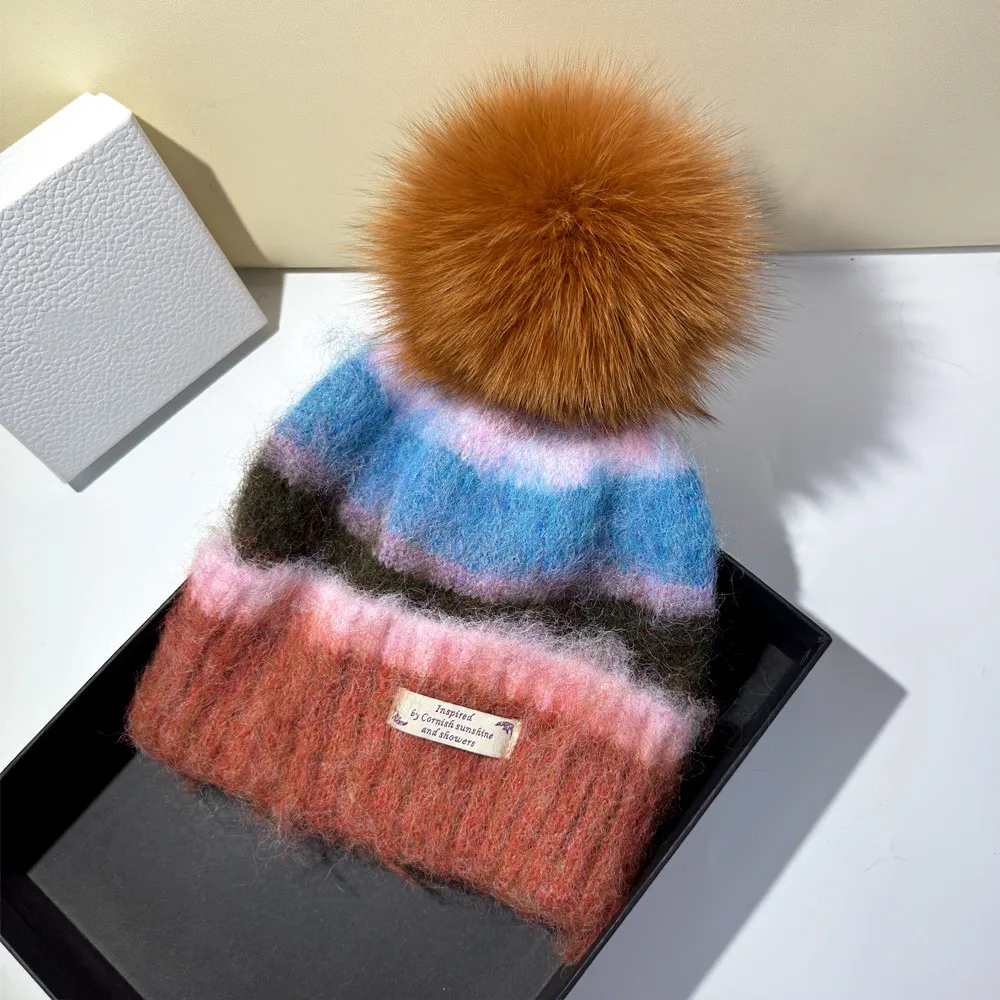새로운 모헤어 울 레인보우 니트 모자 스카프 세트 여성용 가을 겨울 따뜻한 귀 보호 리얼 폭스 퍼 볼 얀 모자