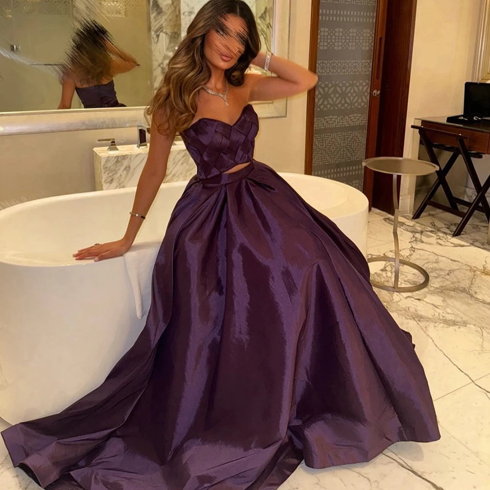 

Plus Size Dresses For Occasions Sweetheart A-line Satin Pleats Sleeveless Solid Purple Sweeep Stain Zipper Back Prom Gowns