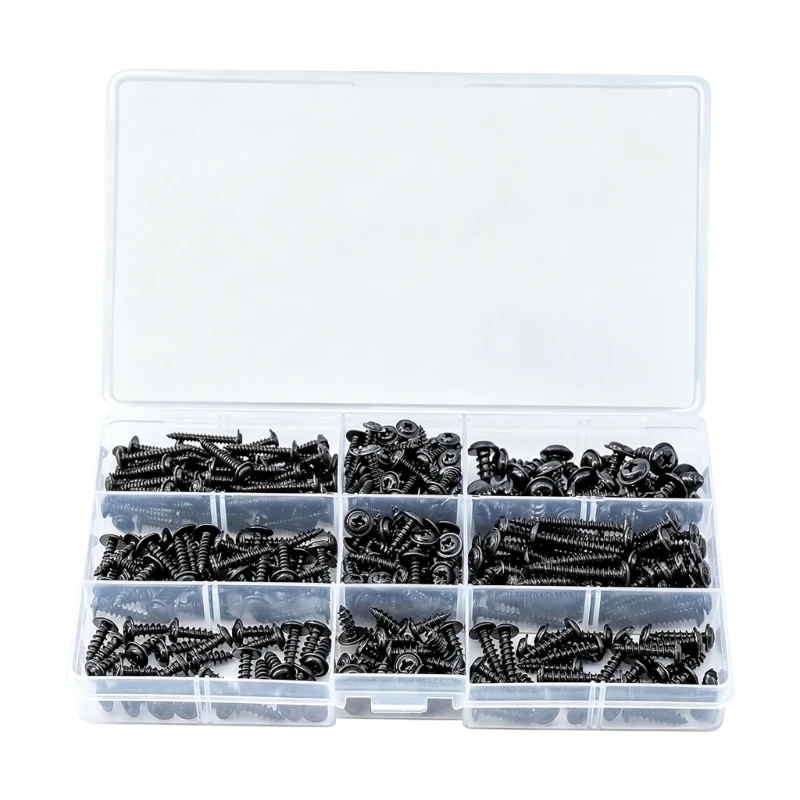 Carbon Steel Pan Head Tapping Screw Set with Washer in Storage Box for Home Repair Furniture Assembly and Board Fixing M4YD