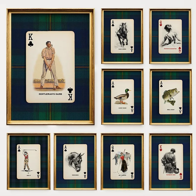 Póster Vintage de naipes a cuadros azul marino, muebles americanos, pintura en lienzo para Club de campo de Golf, arte de pared, decoración del hogar para sala de estar