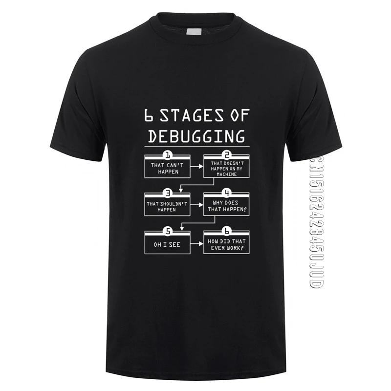 6 Stages of Debugging T Shirts Men Cotton O-neck Short Sleeve Tops Tee Bug Coding Computer Programmer Man T-shirt