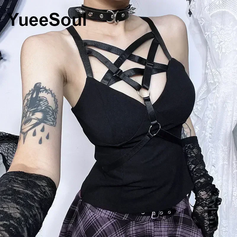 Gotico Crop Top Nero Della Cinghia di Spaghetti Maglia Sottile Corsetto Magliette e camicette 2024 Nuovo Goth Punk Grunge Fairy Core Sexy Y2K