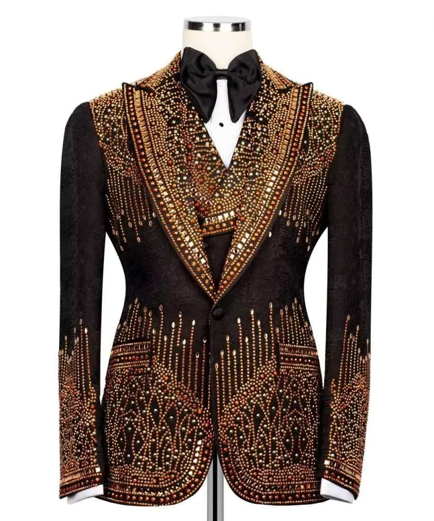 

Luxury 3 Piece Men's Tuxedo Suits with Golden Bead Decoration Slim Fit One Button for Wedding Groom Business Dinner Prom