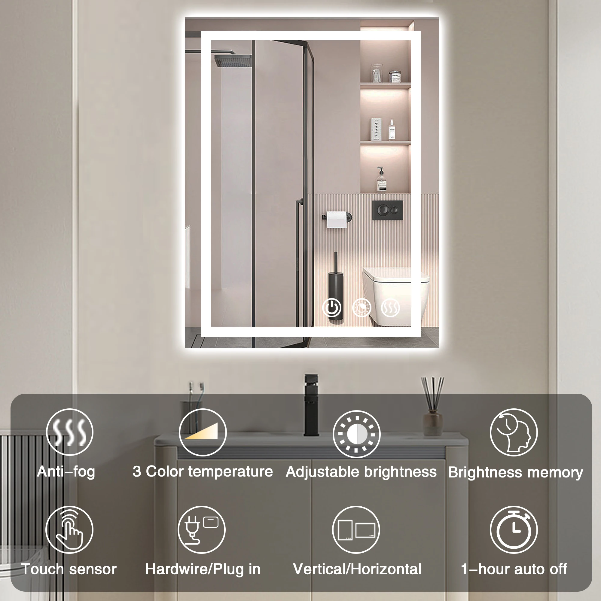 LED Bathroom Mirror 32x24 Inch, Stepless Dimmable 3000K-6000K Wall Mounted,Anti Fog Shatterproof (Vertical/Horizontal)