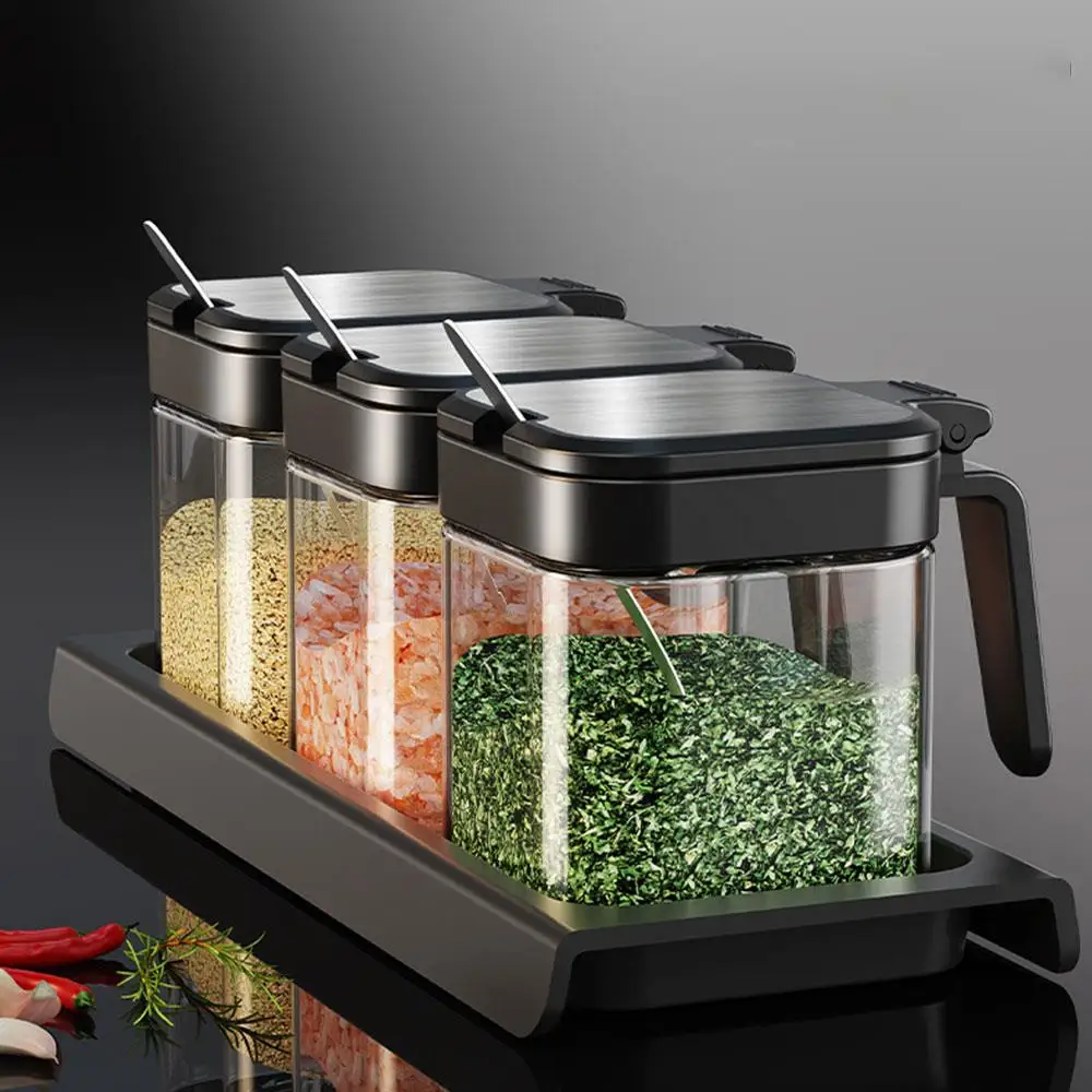 

Стеклянные банки для специй с ложкой, полезный набор футляров, небольшой ящик для хранения, кухонный органайзер, прочные товары для дома, полезный футляр