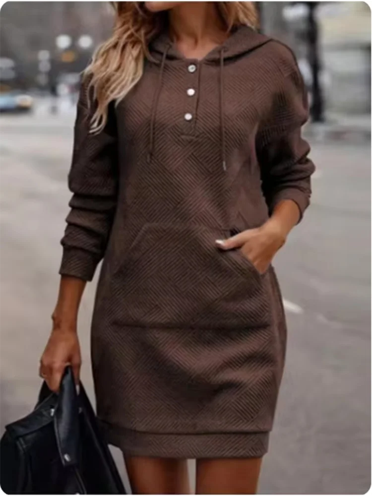 Button Hooded Pocket Pullover Top Women\'s High Street Casual Comfortable Autumn Winter Solid Color Mini Dress