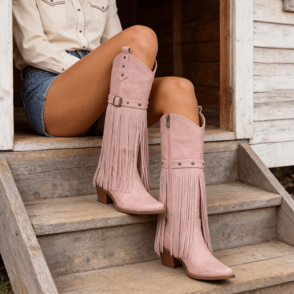 Women Retro Fringe Knee High Western Cowboy Boots Square Toe Chunky Block Heel Cowgirl Boots for Concert Party Daily Wear