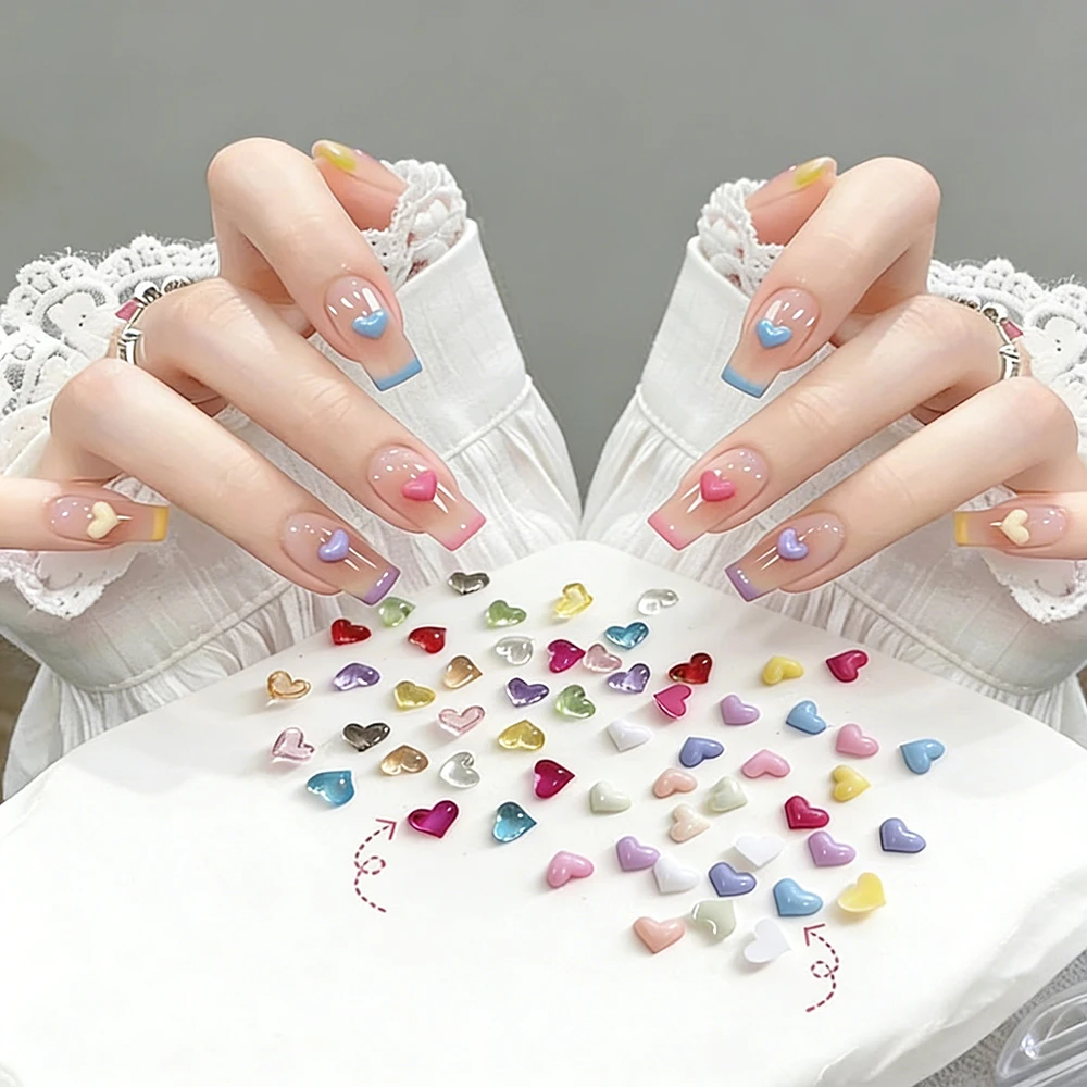 12 Grids Cute 3D Mini Heart Nail Charms Mixed Macaron Color Resin Heart Nail Rhinestones Sweet Heart DIY Kawaii Nail Accessories
