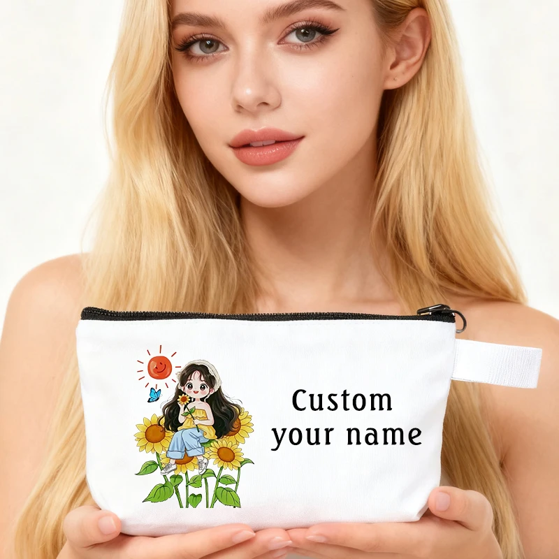 

Makeup Bag Custom Your Name Pencil Cases Cute Girl and Flower Pattern Travel Storage Organizer Small Cosmetic Bag Gift Pouch