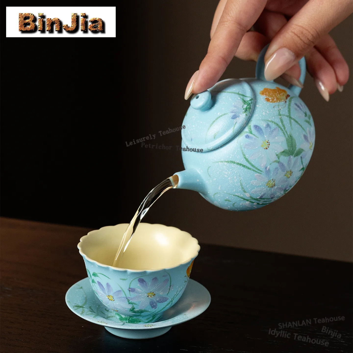 120ml Lake Blue Flower Stream Teapot Vintage Tea Infuser Pot Tea Brewing Kettle With Ball Hole Chinese Tea Set Ornaments Gifts