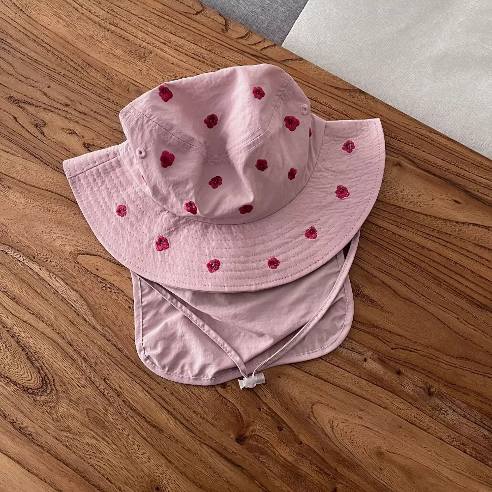 

Summer Embroidery Baby Sun Hat Anti UV Neck Protection Kids Bucket Hat Quick-dry Breathable Travel Beach Hat