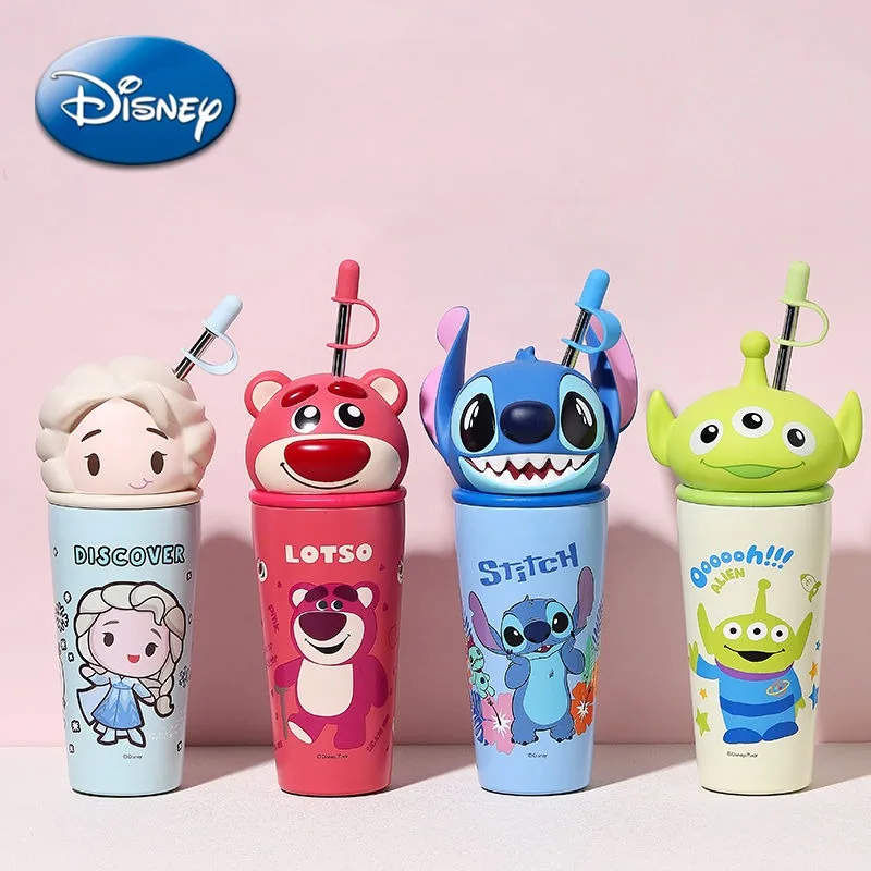 Disney Cute Stitch Lotso Thermos Straw Water Cup Large Capacity Birthday Gift Cold Drink Cup Stainless Steel Coffee Milk Cup