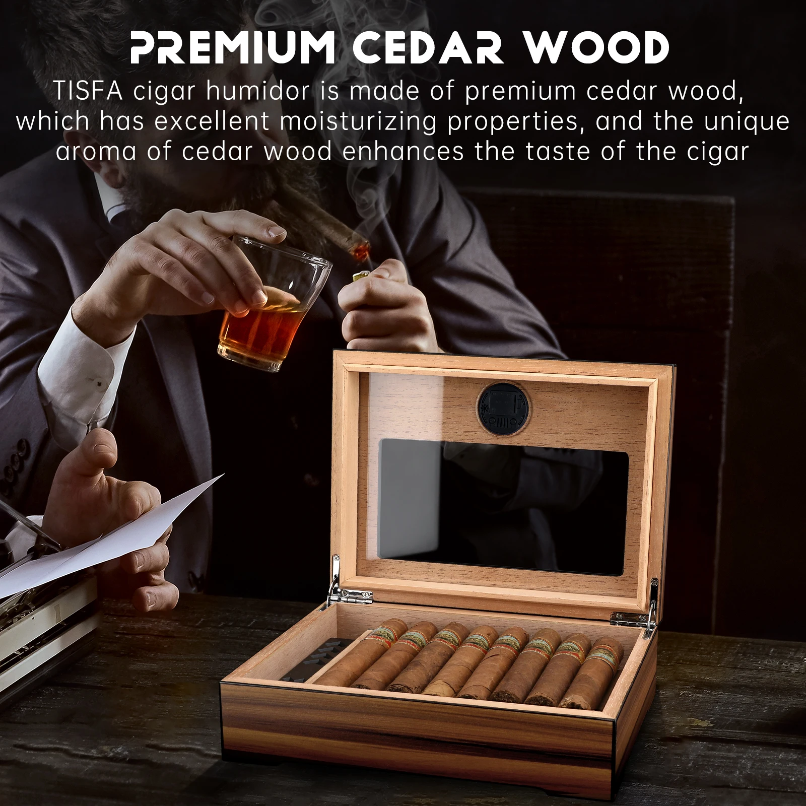 Cigar Humidor Box Cigar Case with Humidifier and Hygrometer, Cedar Wood Cigar Box with Divider, Cigar Gifts Accessories for Men