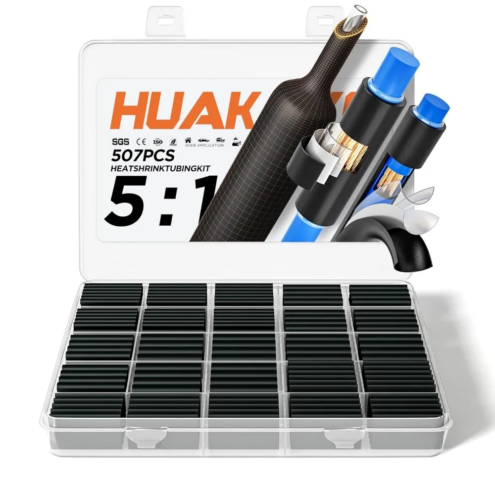 

Five to One Adhesive Lined Dual Wall Heat Shrink Tubing Kit Waterproof Marine Grade Black