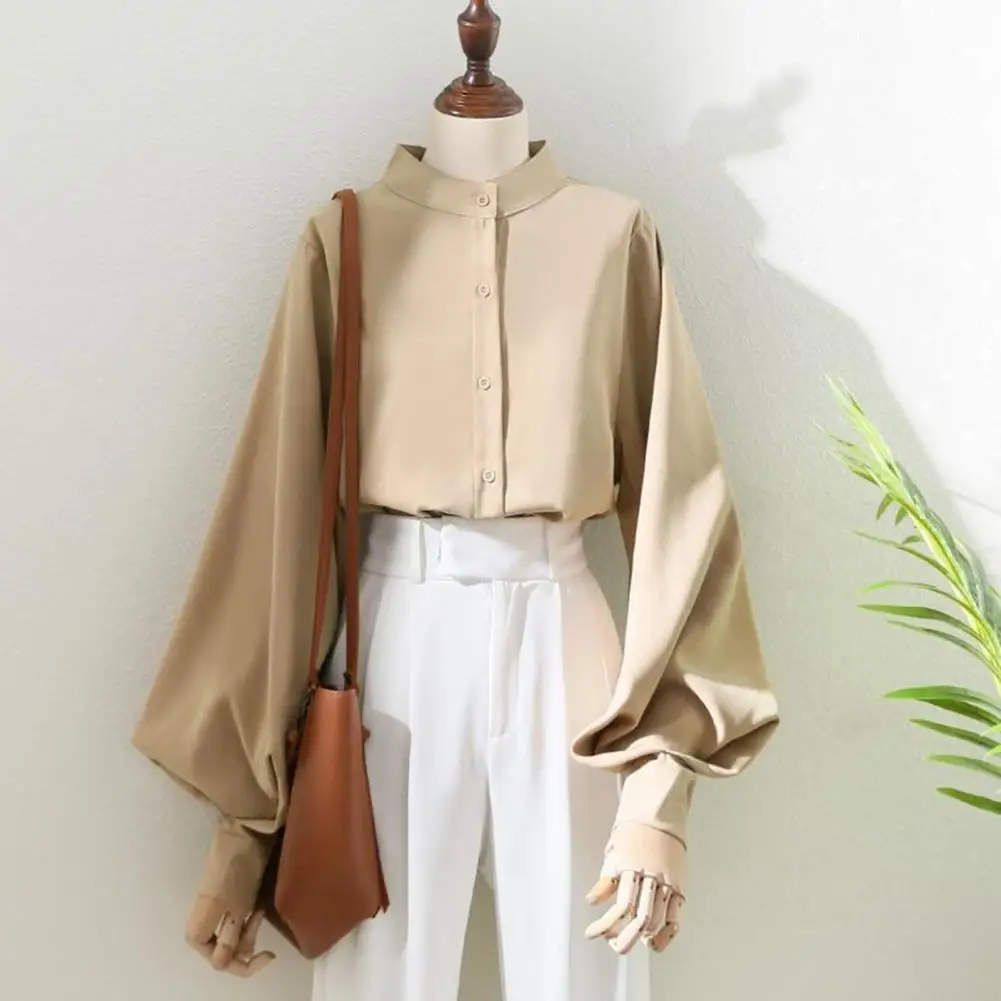 Commuting Style Blouse Elegant Stand Collar Lantern Sleeve Women's Shirt for Office Lady Solid Color Loose Fit Single Breasted