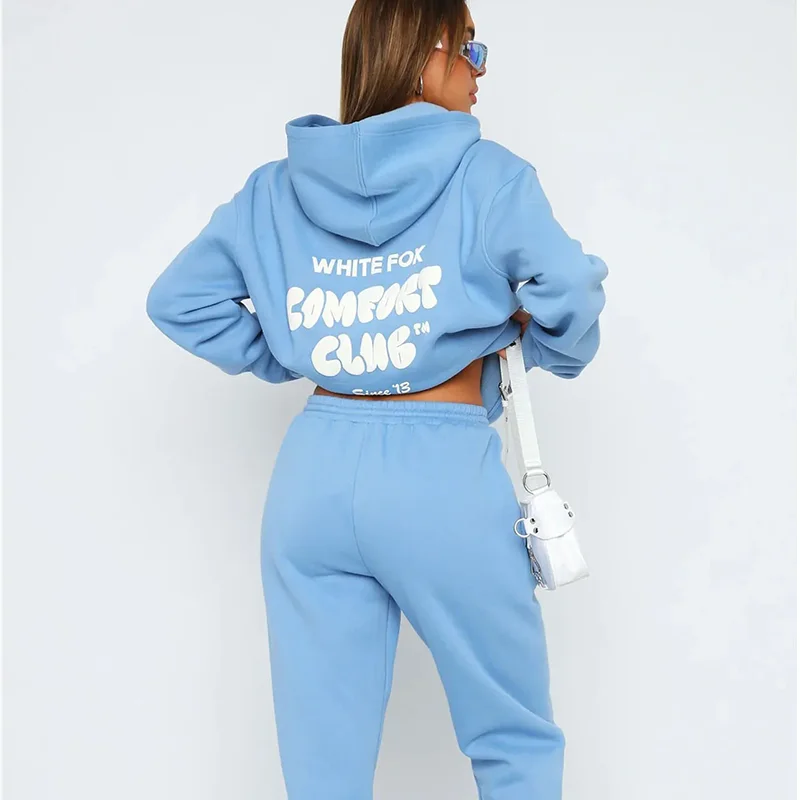 

Women's Hoodies Sets 2024 Spring Fleeced Letters Printing Loose Hooded Two Piece Sweatpants Jogger Pants Set Sweatsuit Tracksuit