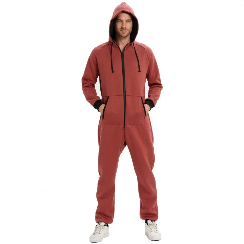 European And American Men's Solid Color One-piece Sweater Loose Hooded Home Wear Jumpsuit Casual Sleepwear Male Fancy Pajamas