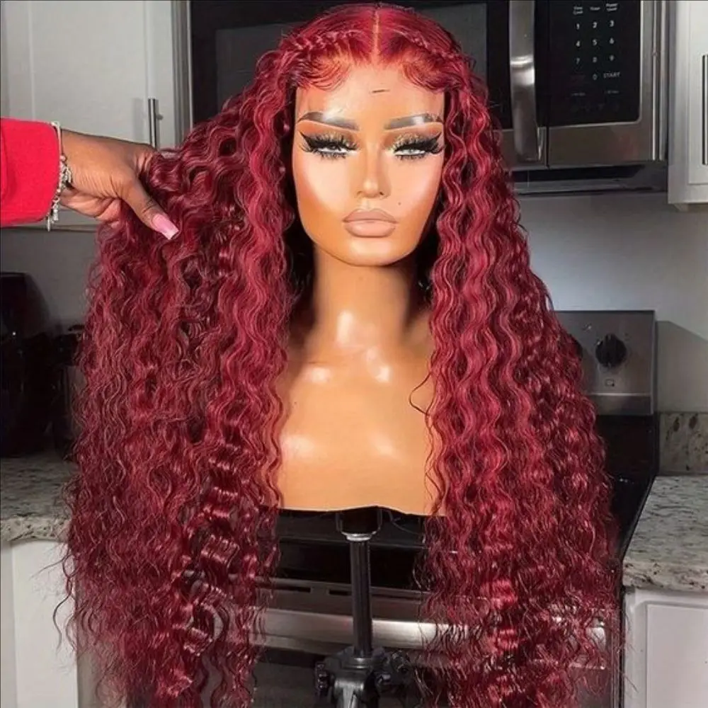 Perruque Lace Front Wig Deep Wave Brésilienne Naturelle, Cheveux Bouclés, Rouge Bordeaux 99J, 13x4, 13x6, 40 Pouces