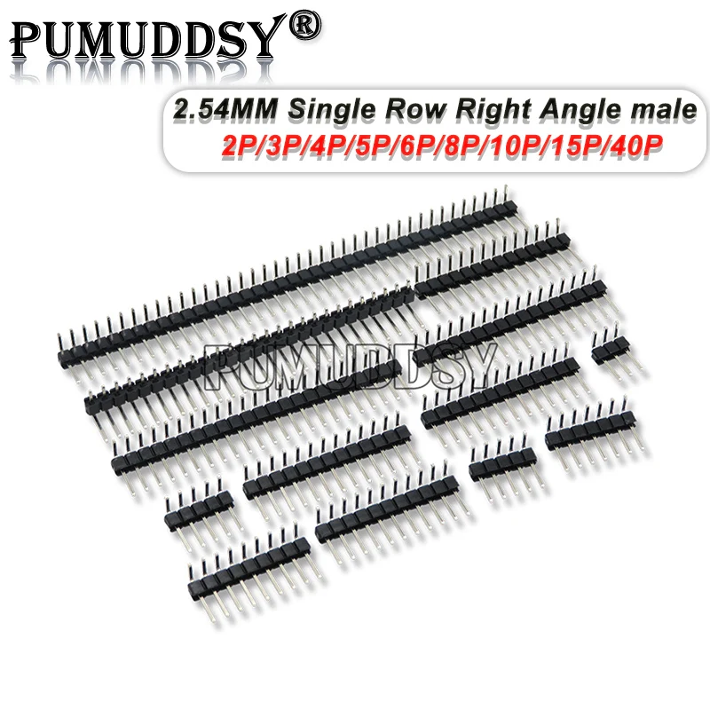 1X/2/3/4/5/6/8/10/40 Pin Single Row Right Angle Male Pin Header 2.54mm Pitch Strip Connector Socket 3P/4P/6P/8P/20P/40P 10Piece