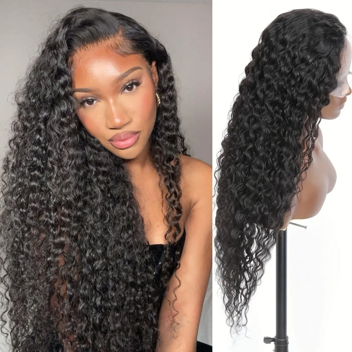 

13x4 Water Wave 5x5 Lace Front Wigs Human Hair Curly Transparent 220 Density Natural Pre Plcked Lace Frontal Wig For Women1B