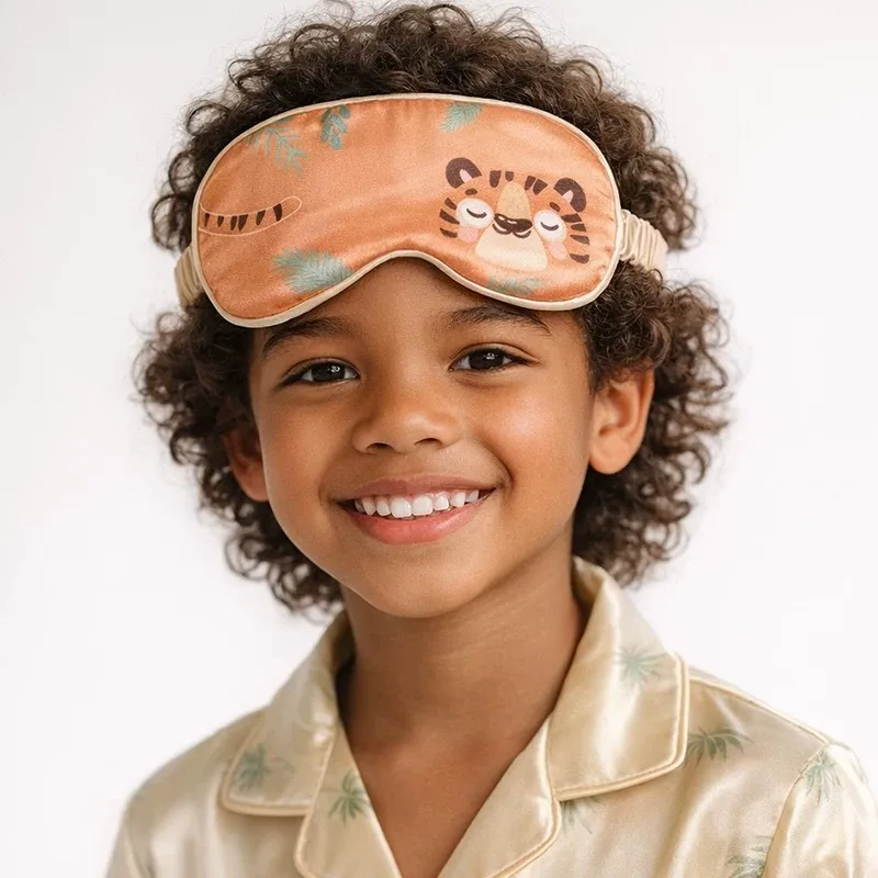 Zijden oogmasker voor kinderen, schattig cartoon dierenontwerp, 6A kwaliteit moerbeizijde, baby lichtblokkerend slaapmasker