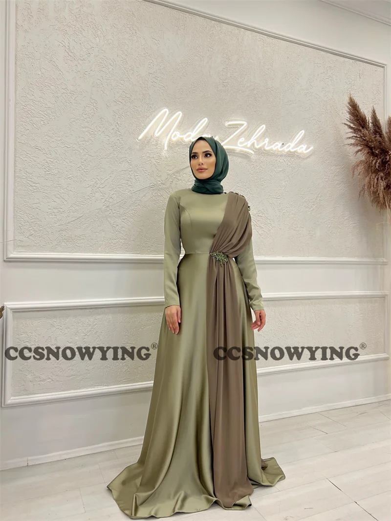 

Satin Appliques Muslim Hijab Evening Dresses Long Sleeve O Neck Formal Party Gown Arabic Dubai Islamic Robes De Soirée