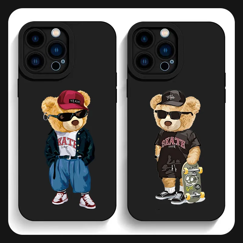 Funny Teddy Bear Black Phone Case For iPhone 11 12 13 14 15 Pro Max X XS Max XR Mini 7 8 14 15 Plus Matte Soft Silicone Cover