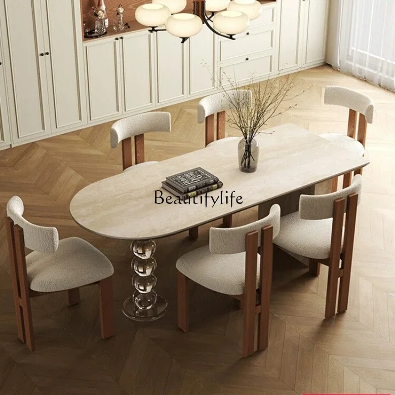 

LJYAcrylic travertine rock slab dining table Small apartment designer French cream style minimalist dining table