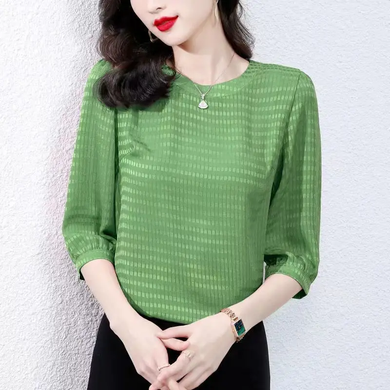 Elegante blusa monocromática de chiffon feminina, dobra com tudo, pulôveres casuais extragrandes, camisa de senhora do escritório, roupas de verão,