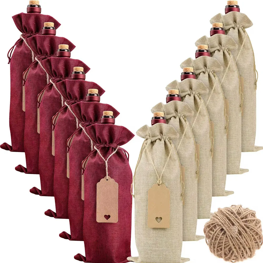 12Pcs Burlap Wine Bags Drawstring Wine Bottle Packaging Bags Reusable 2 Color Wine Bottle Bags For Christmas Wedding Birthday