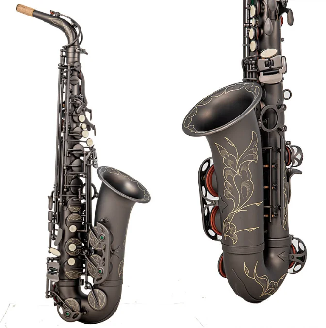 Eb Flat Alto Saxophone Matte Black Nickel Satin Lacquer Engraved Pattern Professional Brass Wind Instrument With Case