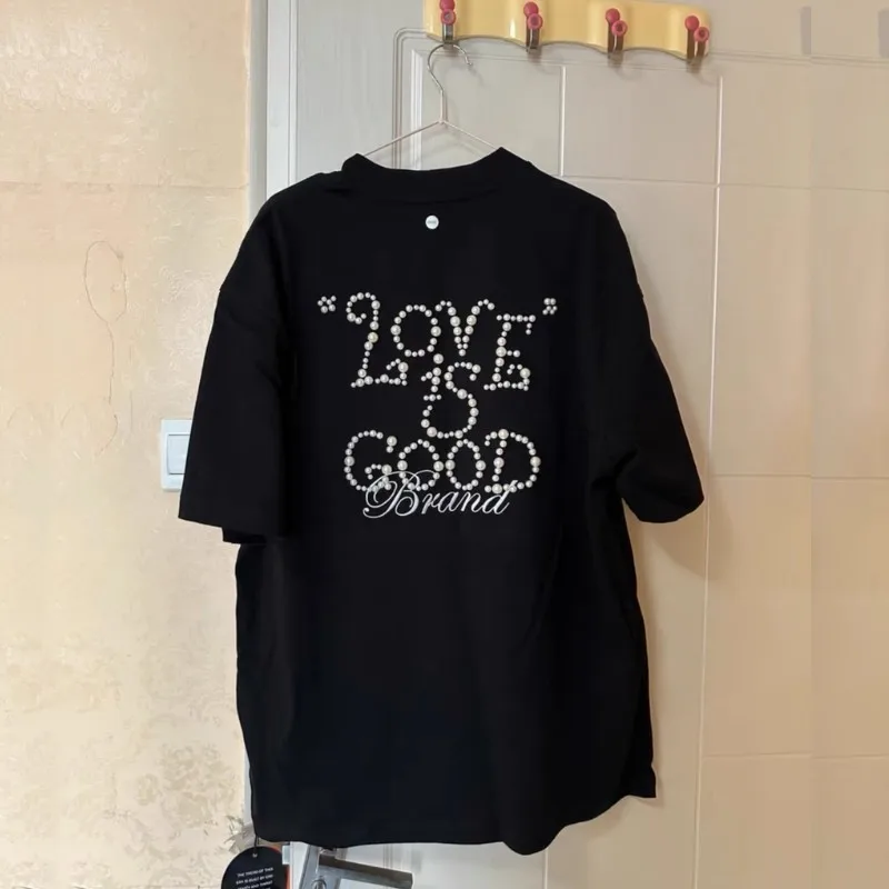 Love Is Good Imitation Pearl Letter Logo Transparent Nail Bead Black GOODBRAND Tshirts Men Women Round Neck Short Sleeve