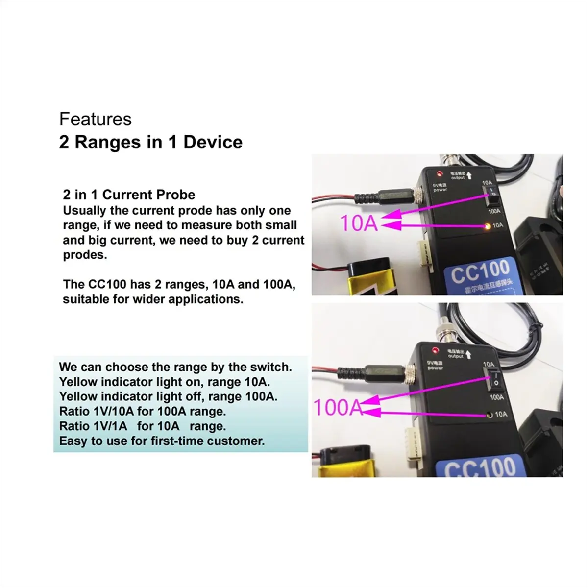 مسبار راسم الذبذبات الحالي (المشبك الحالي)، موديل CC100، DC-50 كيلو هرتز، عالميًا لمسبار راسم الذبذبات الحالي #1